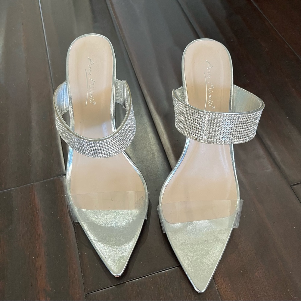 AClear Toe Strap and Crystal Strap Mule Heels
